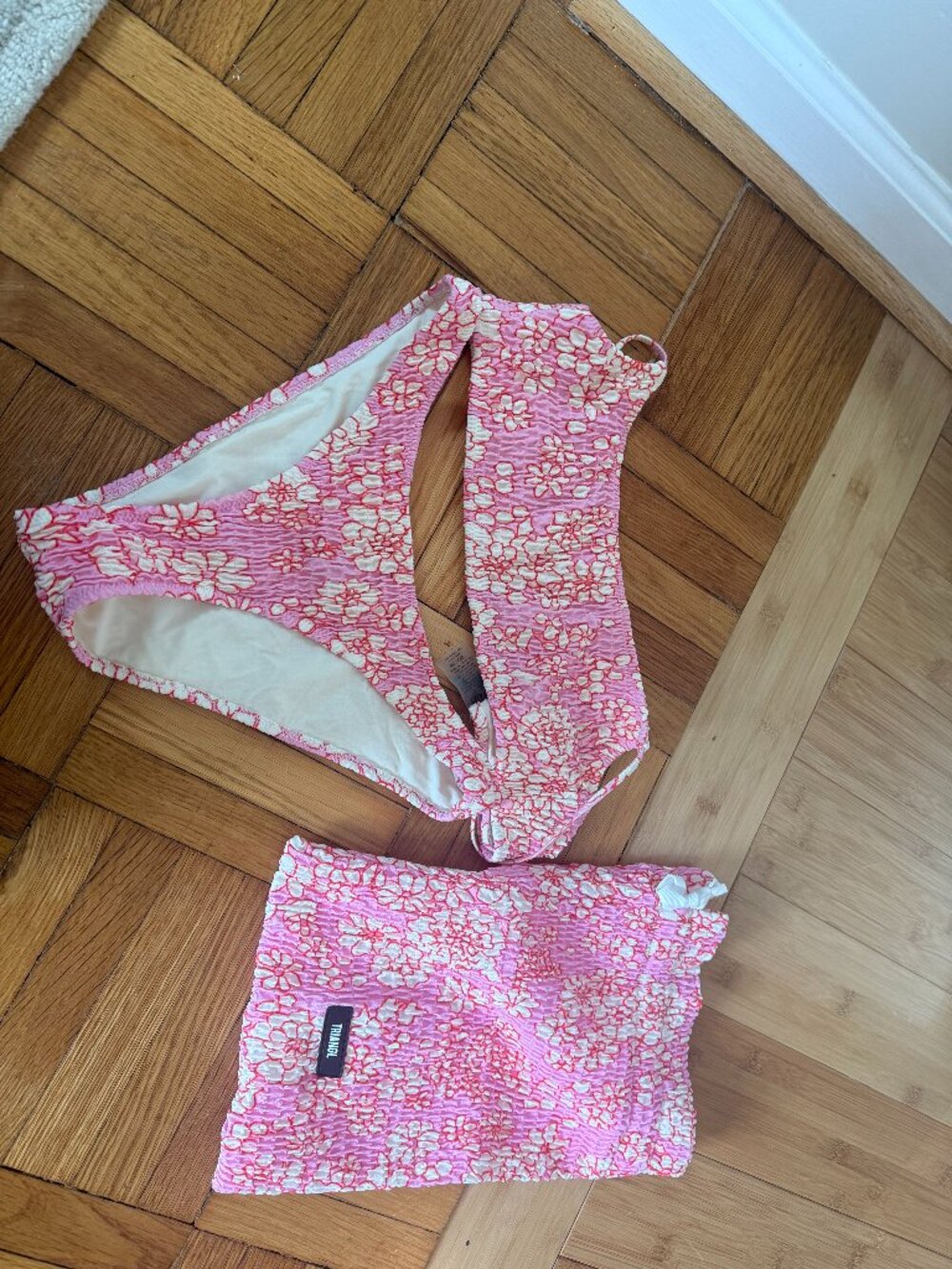 TRIANGL Pink Floral Smocked Bikini Set Medium (Includes Bag)